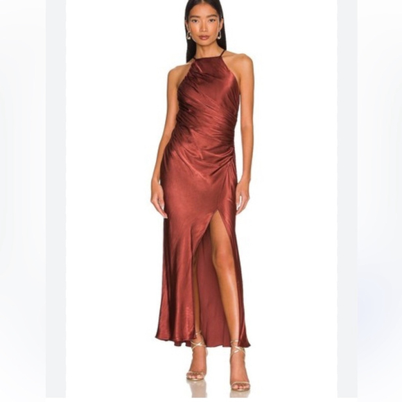 Shona Joy Dresses & Skirts - Shona Joy Thalia Gathered Bias Midi Dress Size 6 | Rust Satin Open Back Formal
